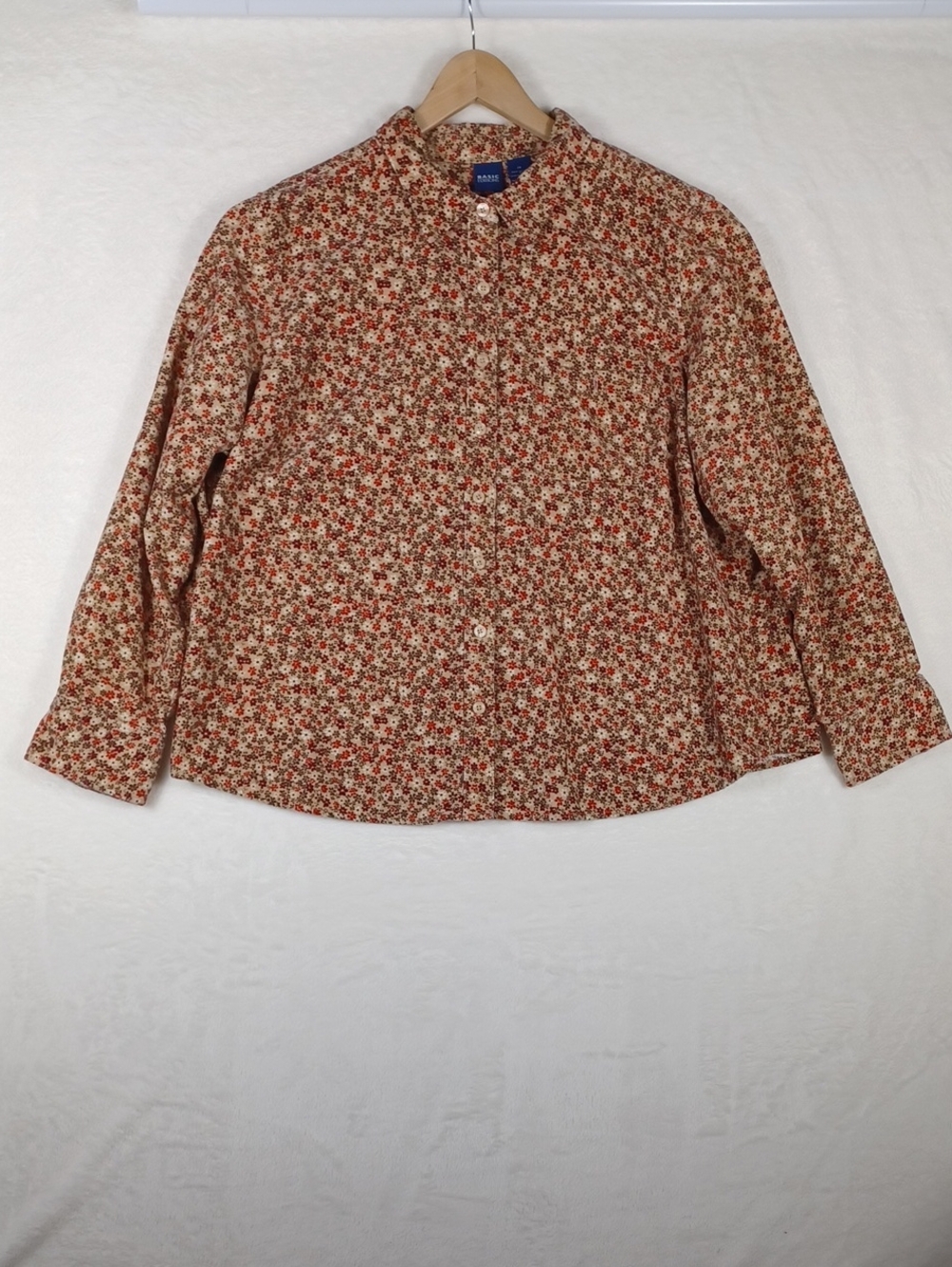 Basic Edition Vintage Y2K Corduroy Cream Red Black Floral LS Button-Front Top 2X